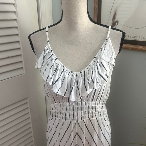 EXPRESS Womens Dress Large High Low Black White Stripe Ruffle Cutout Summer Chic - Picture 2 of 11